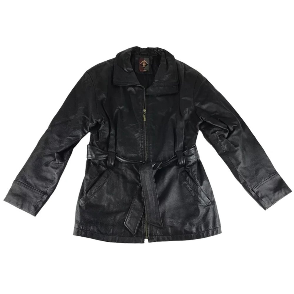 G III Womens Black Leather Long Sleeve Pockets Belted‎ Full Zip Jacket Size M